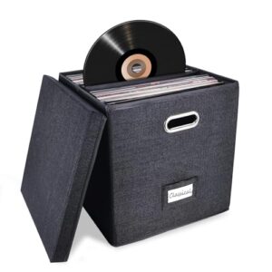 Caixa de armazenamento de discos de vinil resistente – Armazenamento de álbum comporta mais de 50 discos únicos, caixa organizadora de armazenamento LP com tampa, caixa decorativa para discos, (Discos de Vinil)