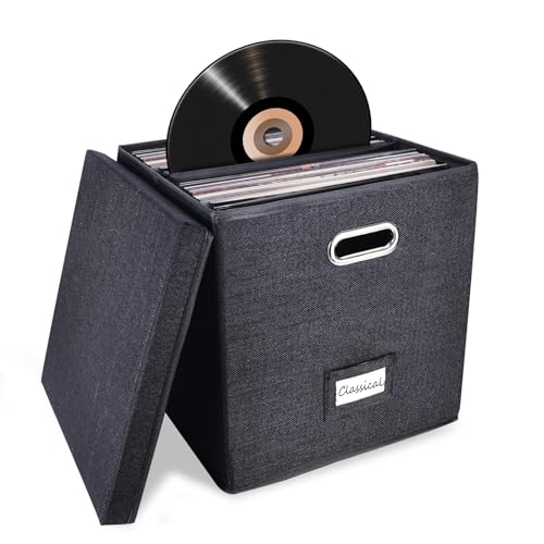 Caixa de armazenamento de discos de vinil resistente – Armazenamento de álbum comporta mais de 50 discos únicos, caixa organizadora de armazenamento LP com tampa, caixa decorativa para discos, (Discos de Vinil)