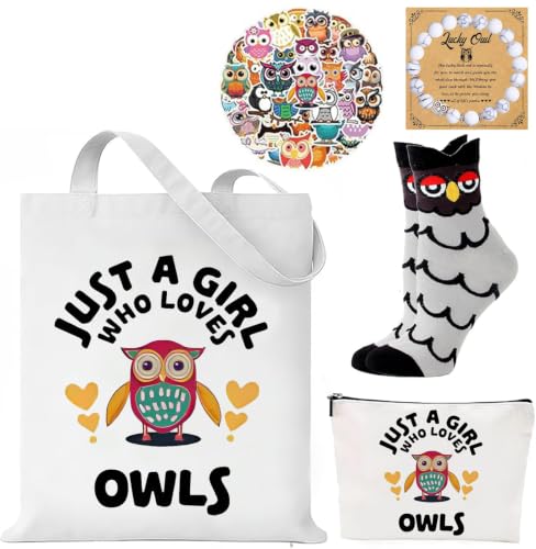 Conjunto de 5 peças de presente para amantes de coruja para mulheres - inclui sacola de lona, bolsa de maquiagem, 50 adesivos de vinil à prova d'água, pulseira de coruja com contas e meias inovadoras (Discos de Vinil)