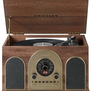 Crosley CR7025A-WA Hayes toca-discos de vinil Bluetooth 8 em 1, toca-discos de 3 velocidades, CD, rádio AM/FM, cassete, nogueira (Equipamentos)