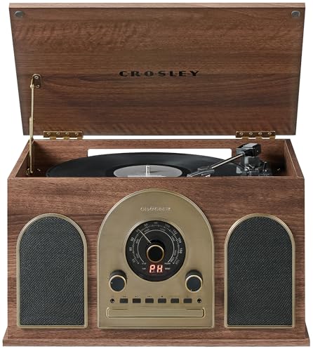 Crosley CR7025A-WA Hayes toca-discos de vinil Bluetooth 8 em 1, toca-discos de 3 velocidades, CD, rádio AM/FM, cassete, nogueira (Equipamentos)
