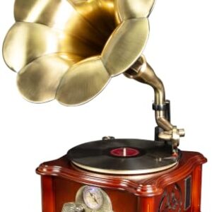 ClearClick Toca-discos retrô multifuncional com buzina e exterior de | Estilo vintage autêntico | toca-discos | Buzina funcional | Bluetooth | Rádio AM/FM | Leitor de CD | Leitor de fita cassete | (Equipamentos)