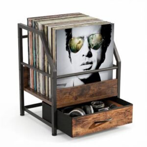 VonDream Armazenamento de discos de vinil com gaveta de tecido, caixa de disco de vinil, suporte de álbum de disco, caixa de metal e madeira para discos LP (Art Deco) (Discos de Vinil)
