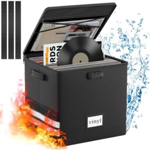Onvvippiv Caixa de armazenamento de discos de vinil com fechadura, à prova de fogo, à prova de fogo, resistente à água para discos de mais de 100 polegadas - Caixa de armazenamento dobrável com alças (Discos de Vinil)